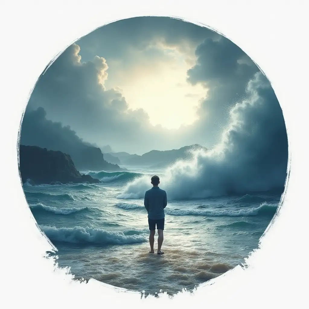 A circular logo featuring a smooth, spiraling path symbolizing unity, progress, and a calm journey. The design now includes an ocean with a raging storm and towering waves. Amidst the chaos, a calm figure is standing confidently on the shore, unaffected by the turmoil, embodying composure and resilience. The colors are a mix of deep blues and greys for the stormy sea, contrasted with soft, muted tones around the figure, emphasizing the tranquility of the person. The overall design should evoke a sense of calm in the face of adversity.