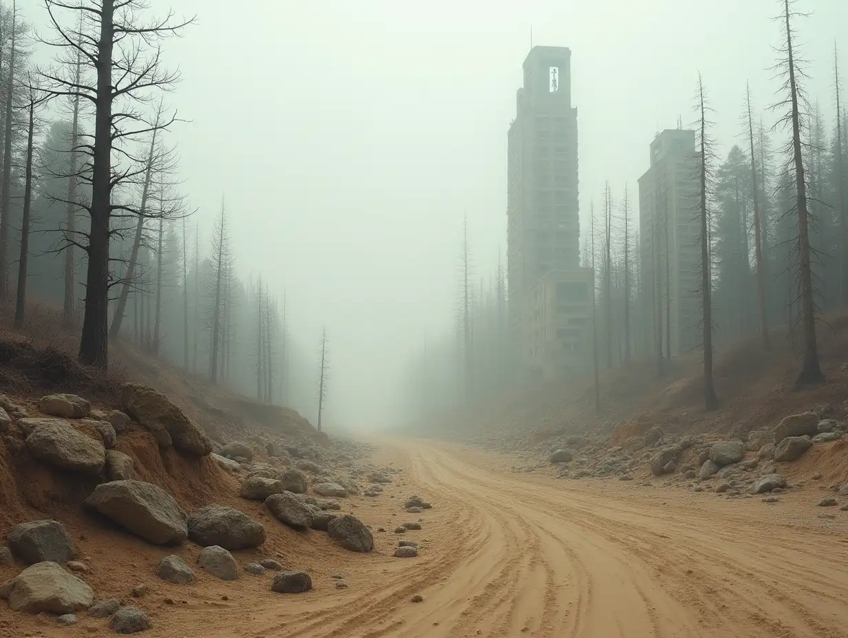 Dystopian-Future-City-in-Ruins-with-Dead-Trees-and-Fog