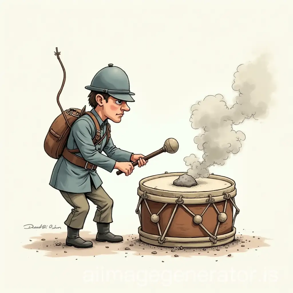 Drummer-in-Uniform-Striking-Drum-with-Stone-Creating-Puff-of-Smoke
