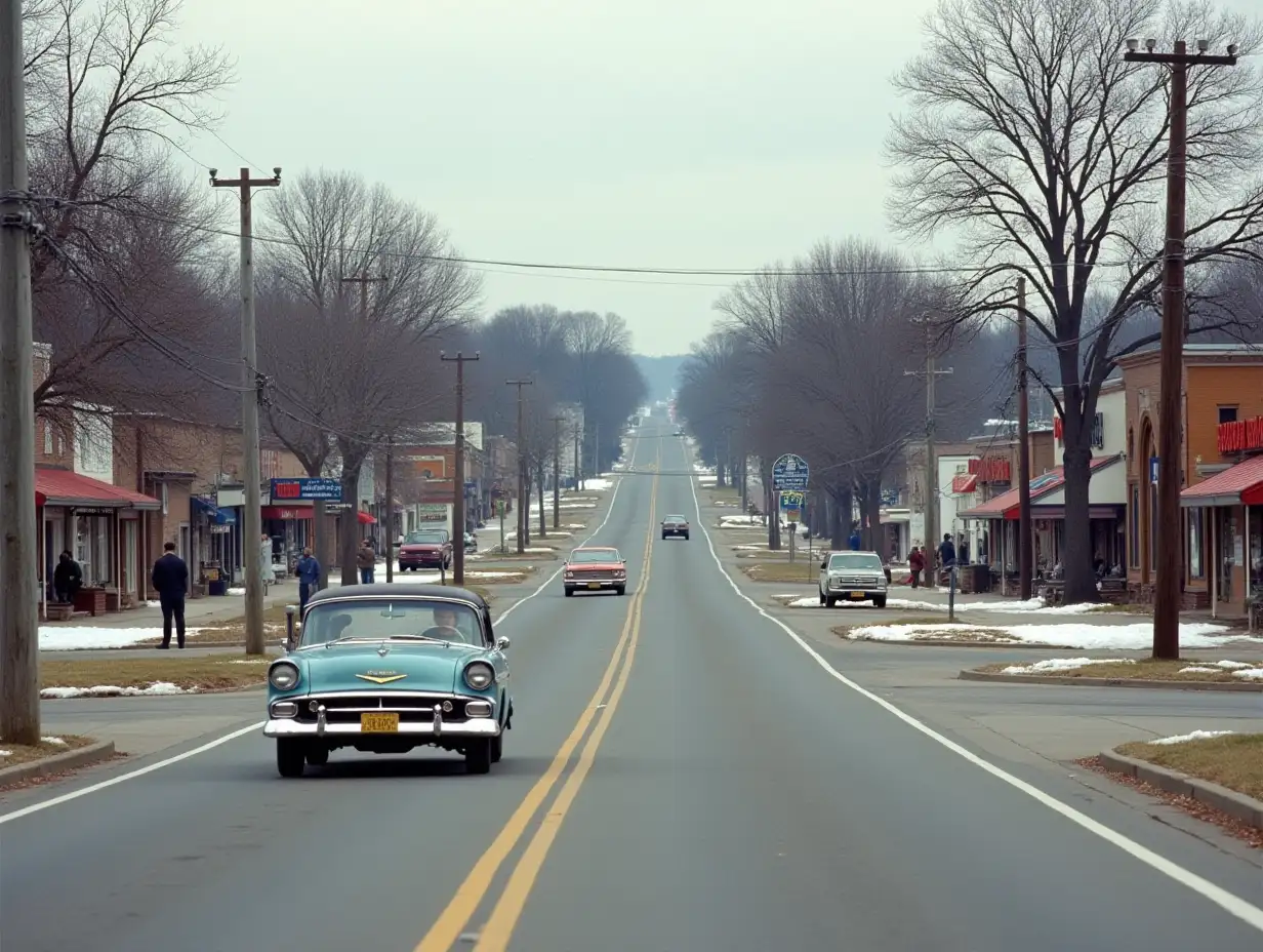 Photograph of a small town, featuring a narrow road running through straight through the town, surrounded by trees and houses on either side. Emphasize the rural or suburban atmosphere, commercial buildings along the road, early spring, traces of snow, 1964, Ozarks, vehicles from appropriate time period, no cartoony look, no overlapping vehicles, only three vehicles driving north