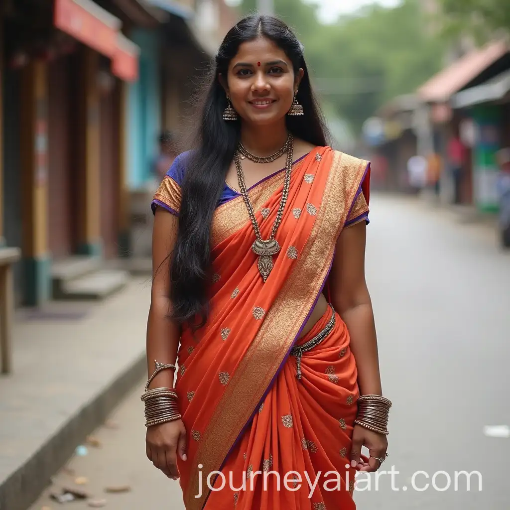 Traditional-Indian-Woman-in-Vibrant-Clothing-on-a-Bustling-Street