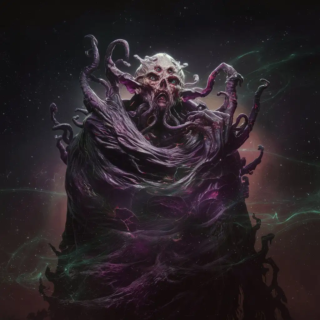 Eldritch Being Wrapped in Nebula Dark Swarthy Figure with Purple and Green Accents