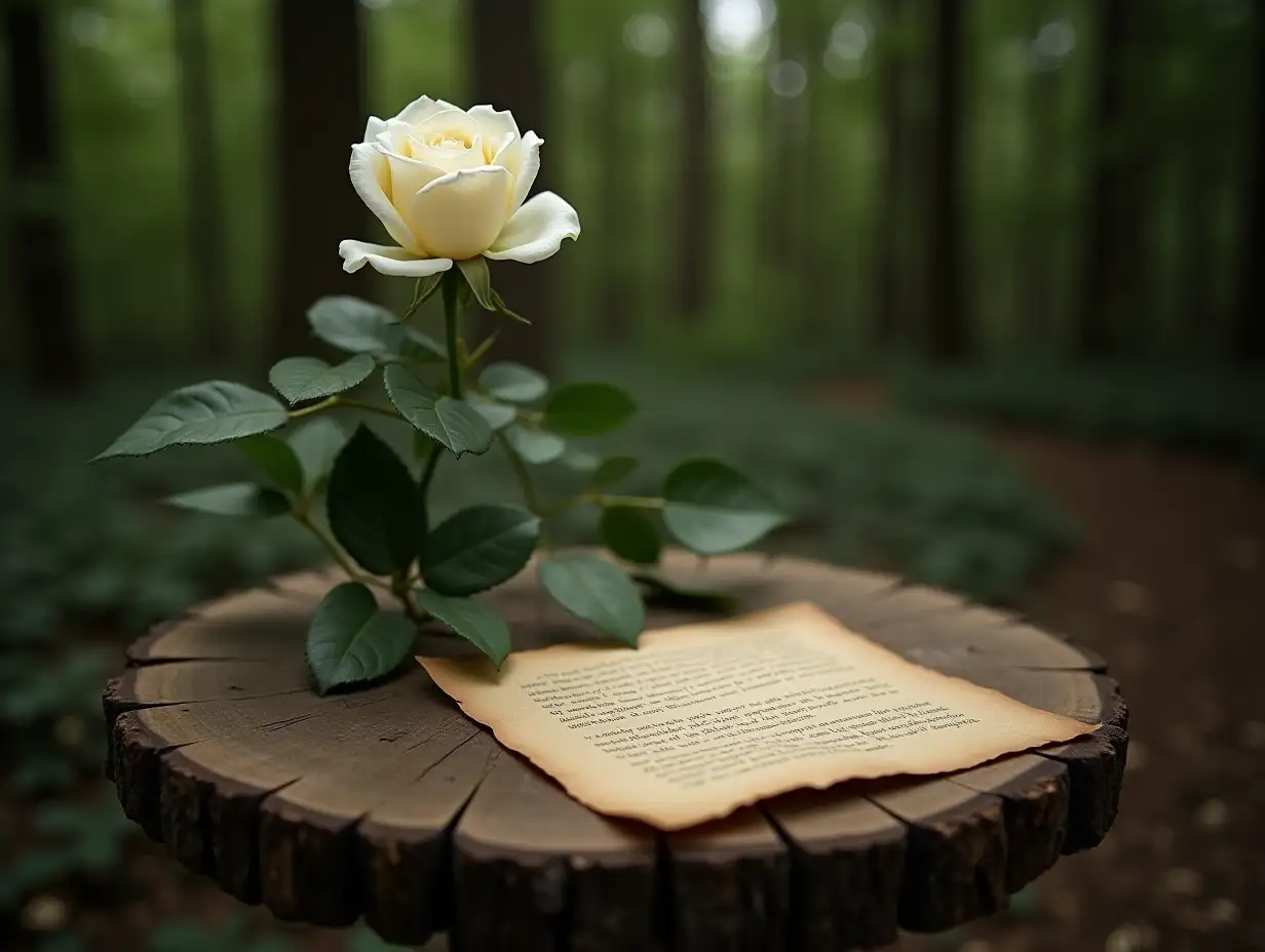 A wooden table in the middle of the forest with a white rose above it and an old letter