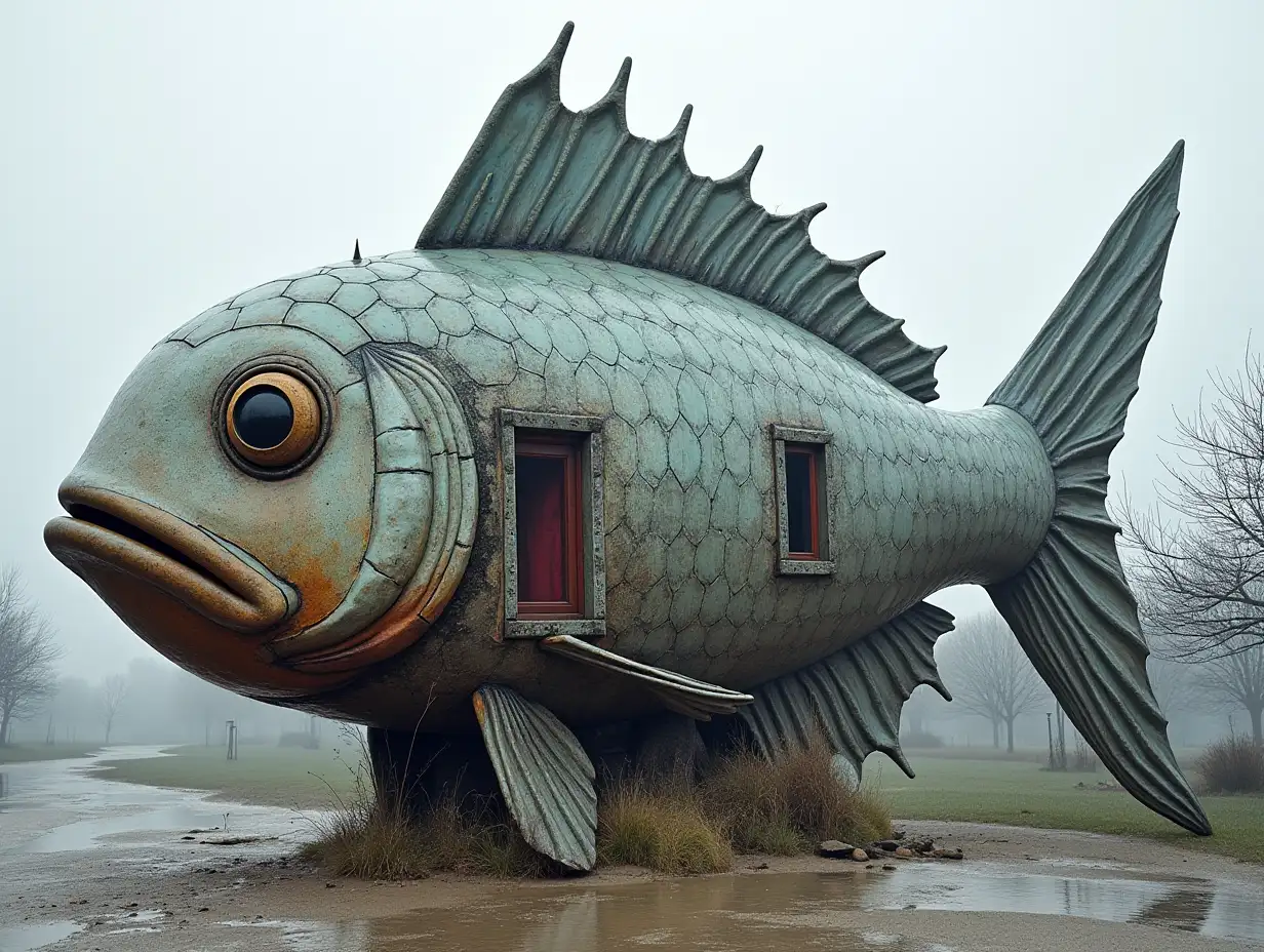 Face from fish transformed into a building