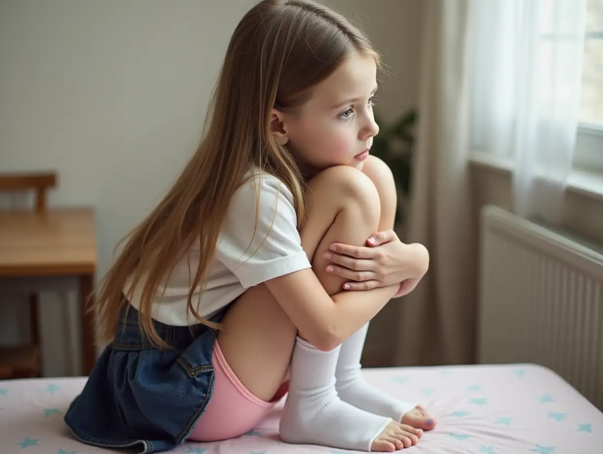 Girl around 8 years old, long hair down to her back, wearing a school uniform with dark blue denim mini skirt, pink thong visible, white knee-highs and white blouse. She is sitting hugging her legs on the table, she is trying to be very sweet