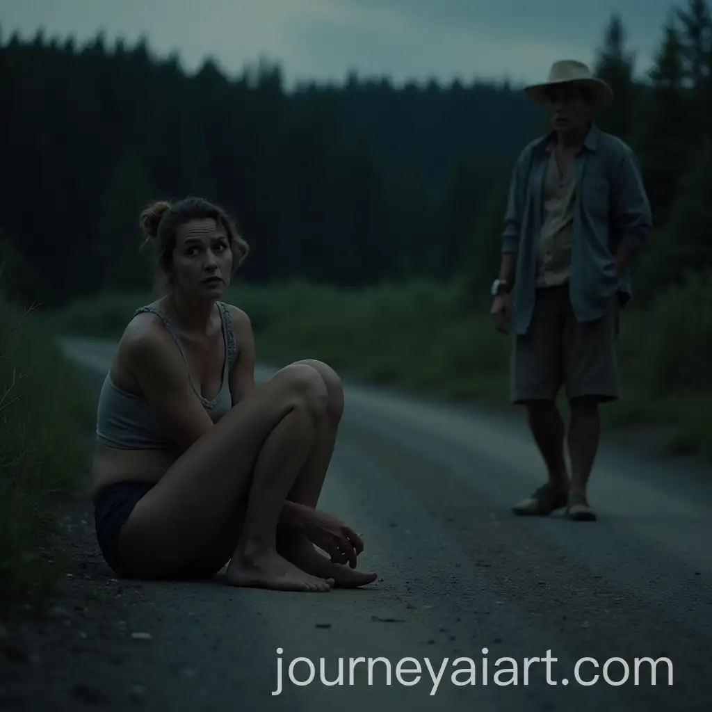 Confused-Woman-Sitting-on-Dirt-Road-with-Scratches-Approached-by-Housekeeper