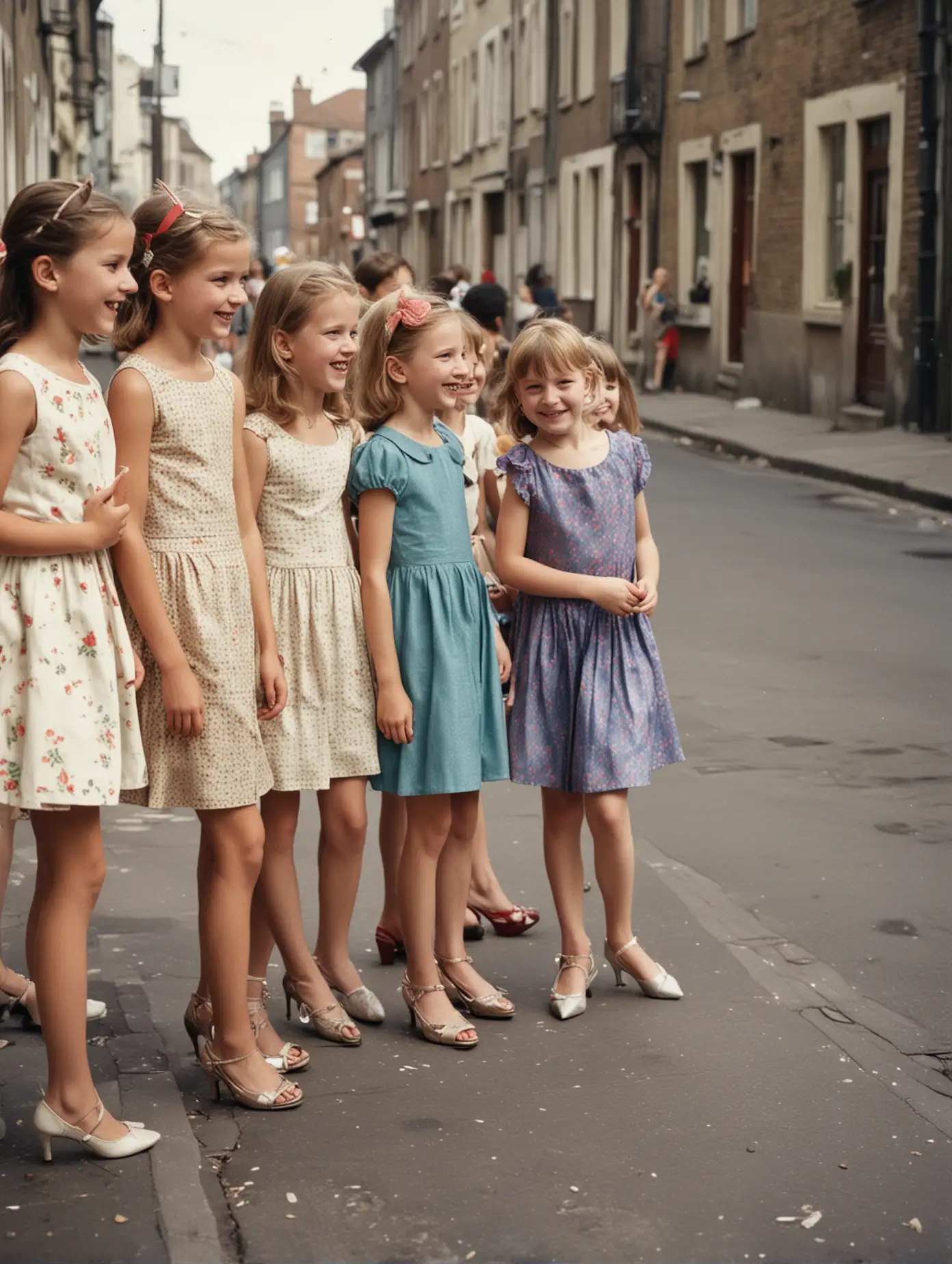 side view 35mm vintage street photo group of kids party in a street , heels , smile