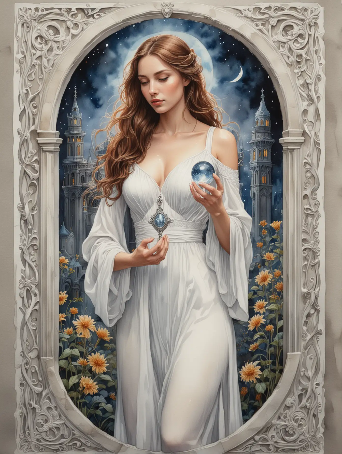 Futuristic-Tarot-Card-Featuring-Temperance-with-a-Serene-Woman-in-White-Dress