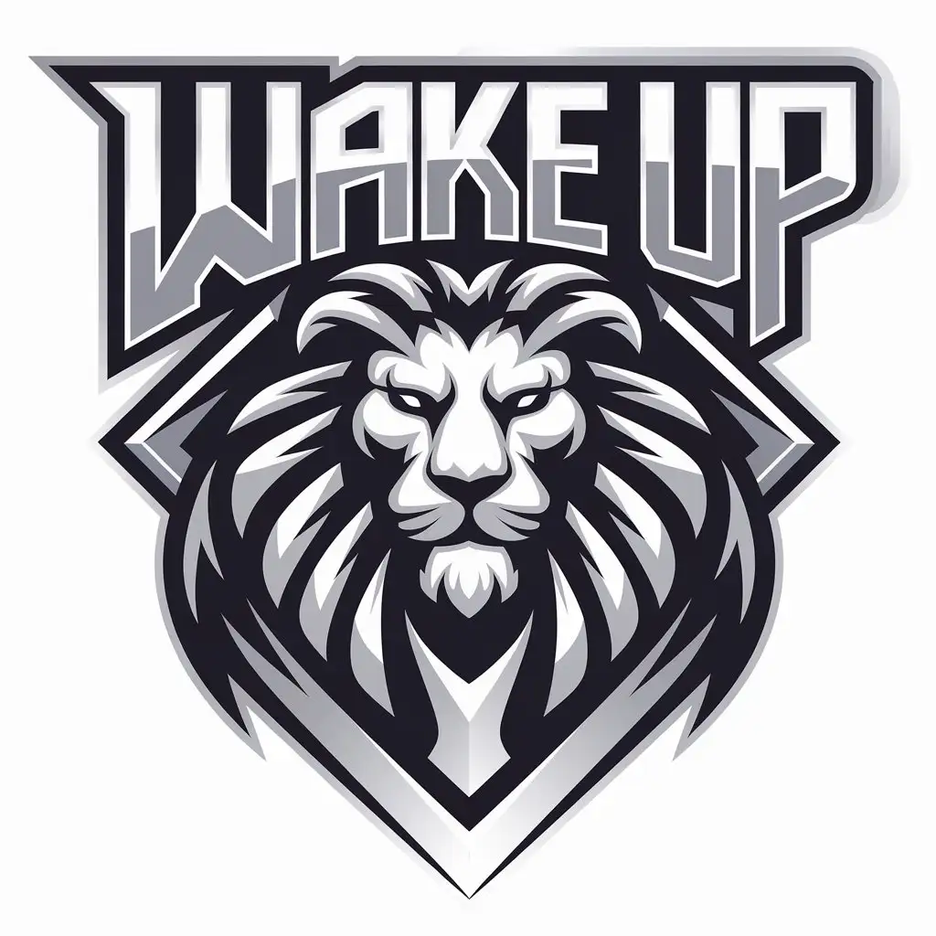 a vector logo design,with the text "wake up", main symbol:a silvery lion head,complex,be used in Internet industry,clear background