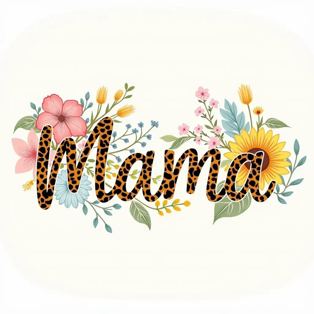 Printed with Leopard on lettering the word Mama in a decorative font, surrounded by a variety of colorful flowers and sunflowers. The background should be a light color, and the flowers should be depicted in a watercolor style with a mix of pink, blue, green, and yellow hues. The sunflowers should be depicted in a realistic style with a brown center and yellow petals. The overall image should have a vibrant and cheerful feel. Vector illustration.