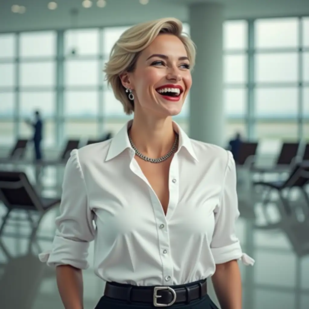 white lady , in white deep-necked pilot button shirt, decolte, laughing with her mouth open, red lipstick accentuating her smile,belt on waist, big wide hips, chest are fully grown, jewerly, short hair, HD, airport, photo-realism