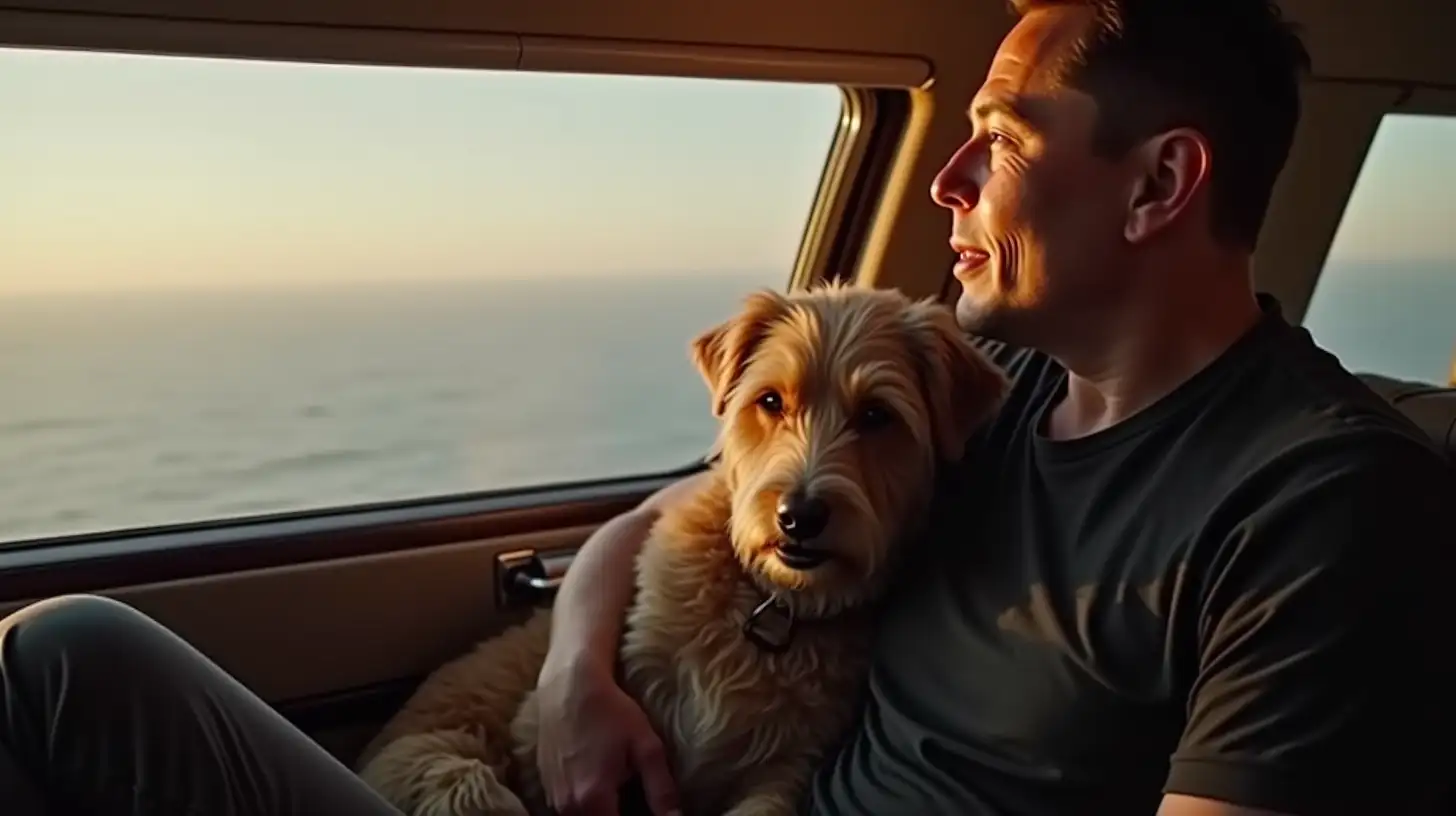 Elon Musk in Private Jet Window with Dog