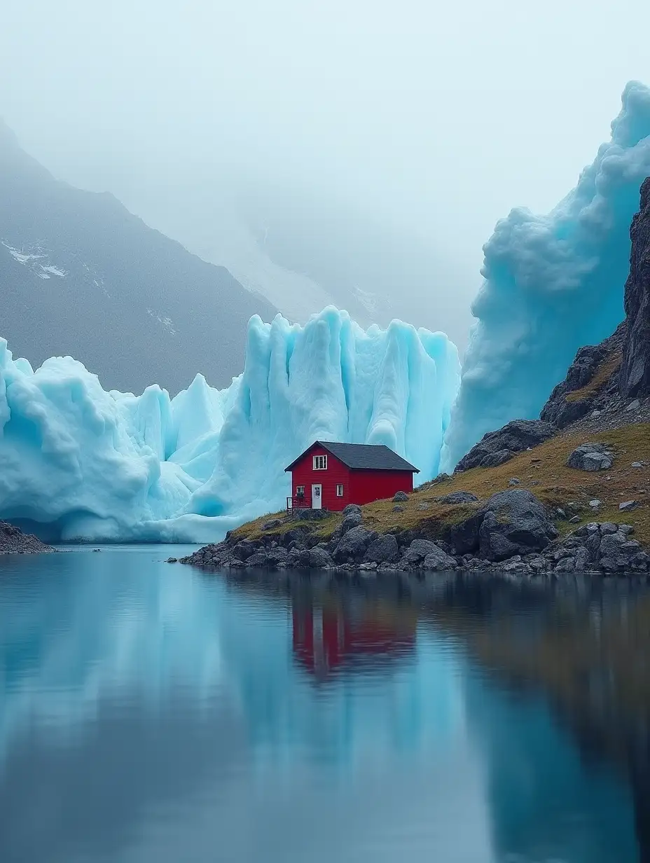 Serene-Landscape-with-a-Tiny-Red-House-by-a-Glacial-Water-Reflection