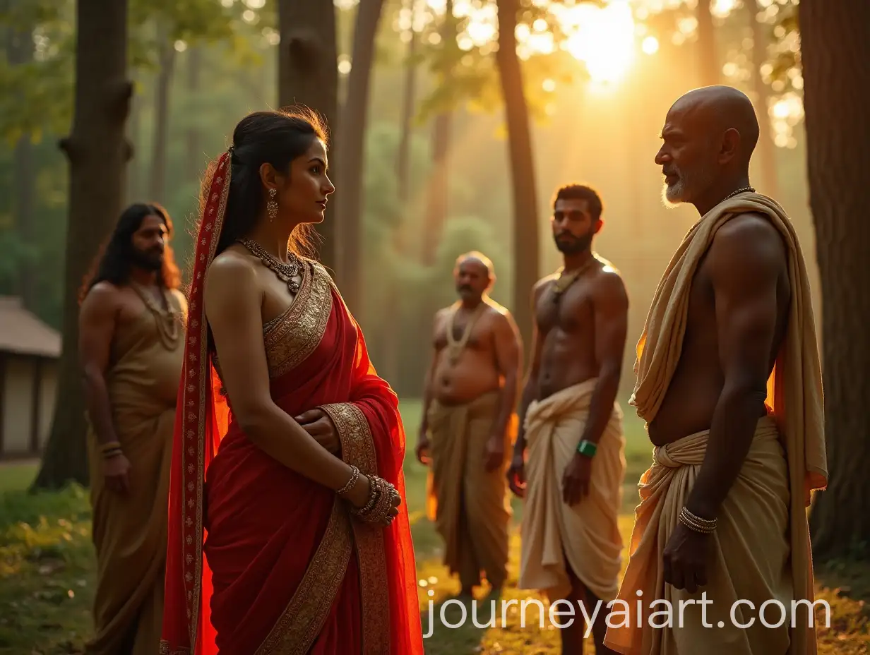 Indian-Woman-in-Red-Saree-and-Noble-Prince-at-the-Edge-of-a-Forest-during-GoldenAI-Image-Prompt-Expansion-Hour