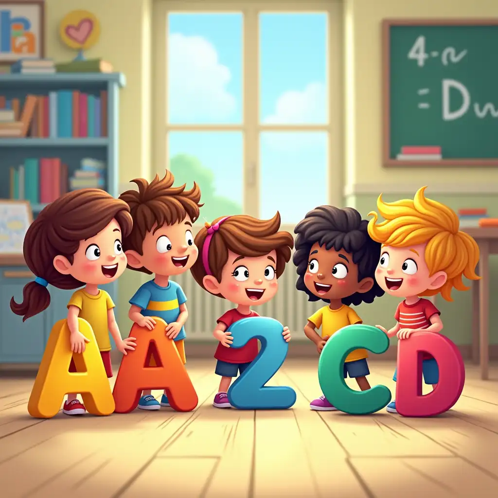 Create a vibrant and cheerful illustration for a children's clip, with a colorful and fun cartoon style. The scene should show a diverse group of happy and lively children, aged between 2 and 5, in a lively school environment. At the center of the image, the children are holding large colorful letters (A, B, C, D) and numbers (1, 2, 3, 4), while playing and learning together. In the background, there is a classroom filled with books and boards featuring educational drawings. The atmosphere is one of discovery and excitement, with bright colors and a blue sky visible through the window