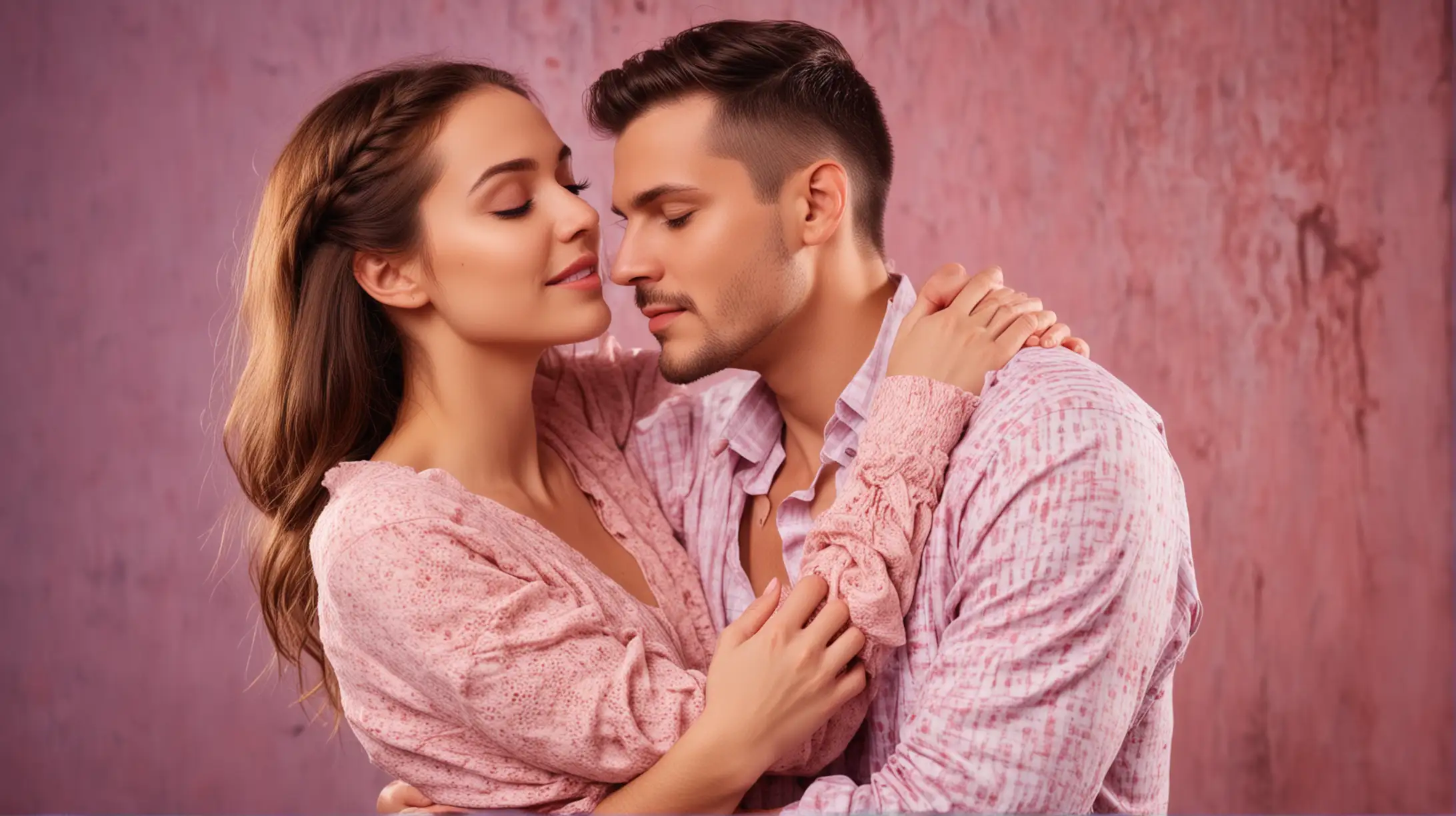 Couple Cuddling in Stylish Attire Against a Vibrant Backdrop