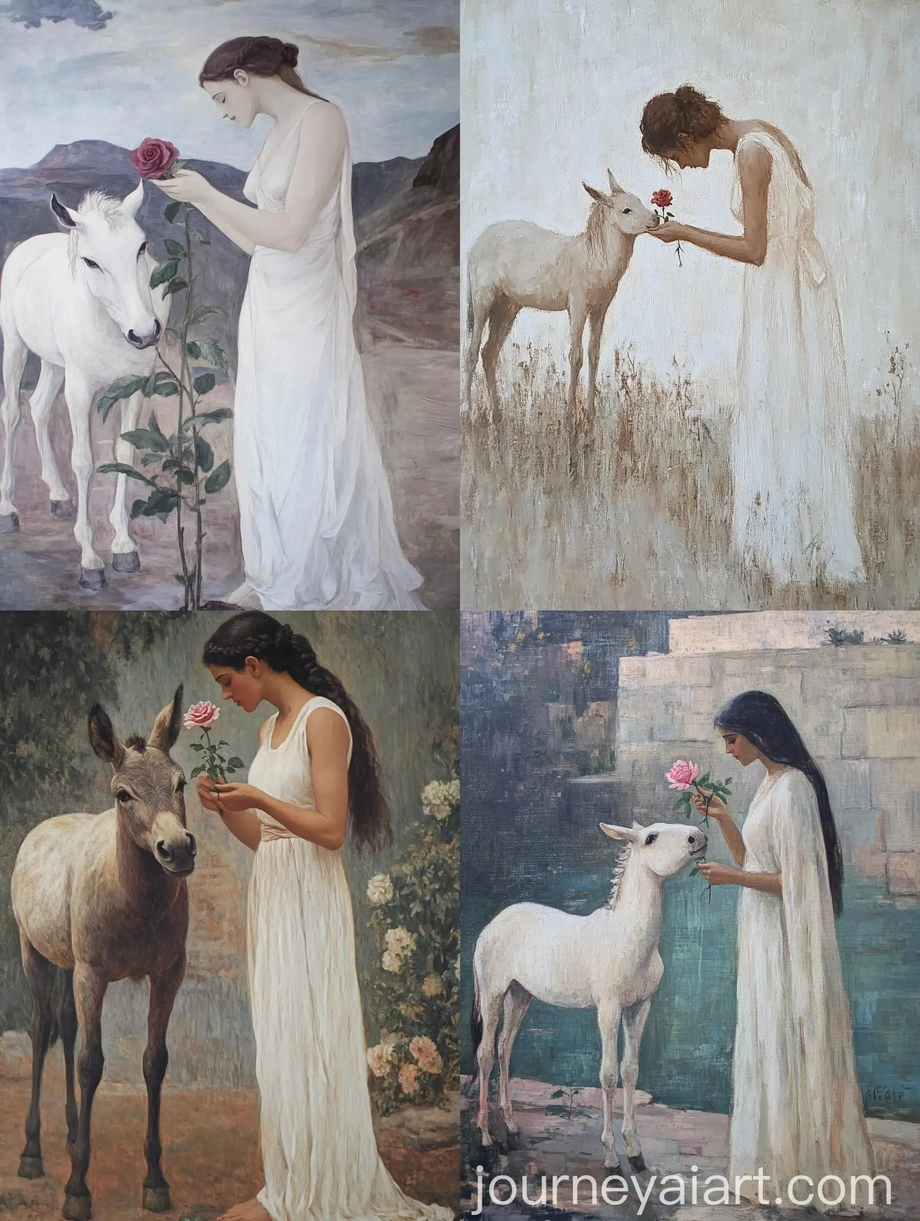 Goddess-Isis-Feeding-Rose-to-Donkey-in-Puvis-de-Chavannes-Style
