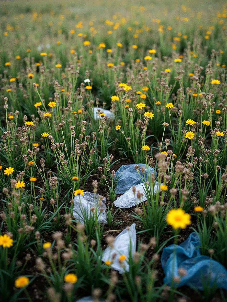 The texture of plastic garbage is completely overgrown with grass interspersed with wildflowers