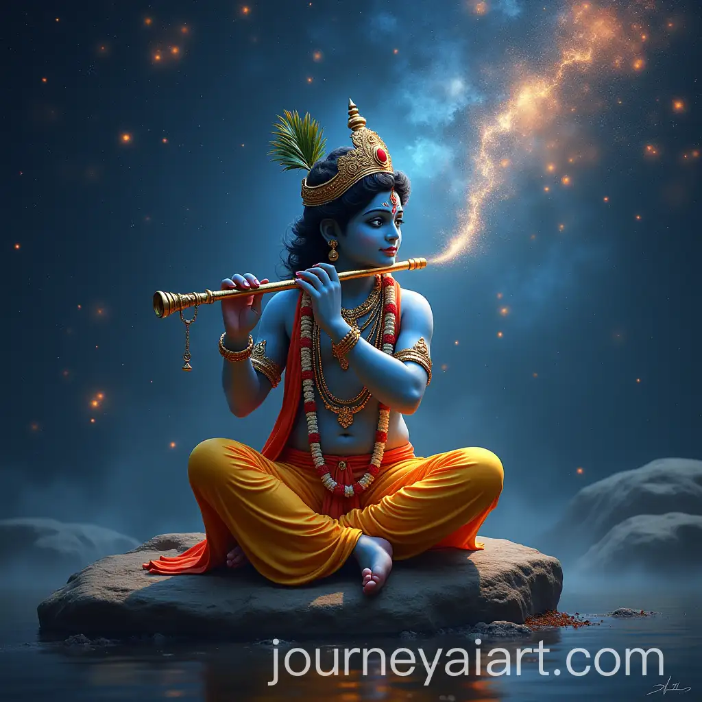 Lord-Krishna-Sitting-on-a-Stone-Playing-Flute-with-Glimmering-Cosmic-Universe-Background