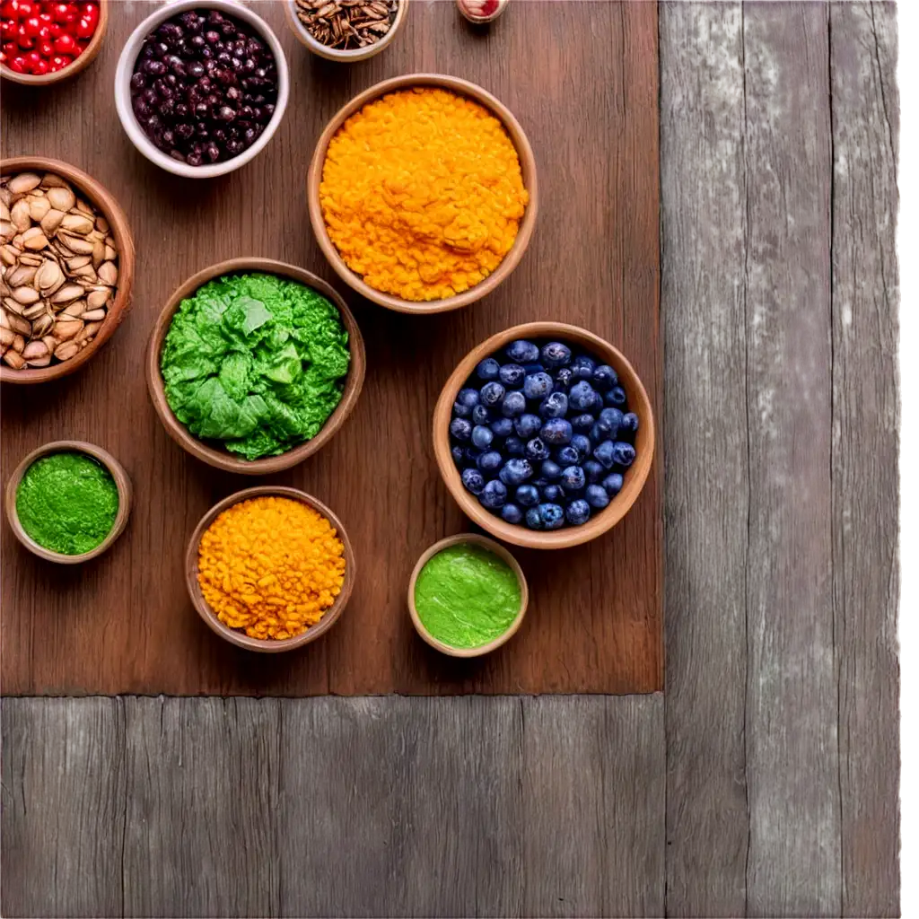 Aerial-View-of-Top-Superfoods-on-Rustic-Wooden-Table-PNG-Image-for-Healthy-Lifestyle-and-Nutrition-Content