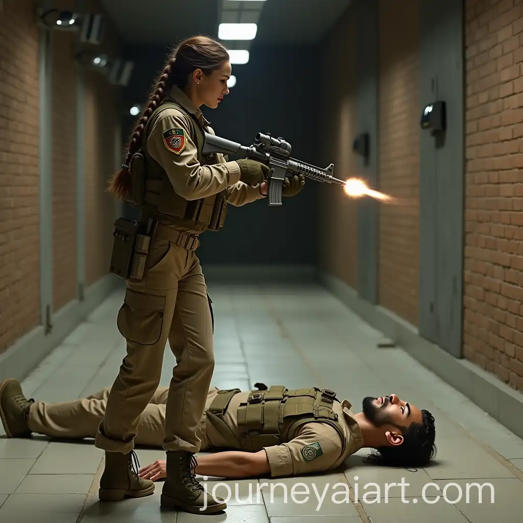 Military-Woman-in-Camouflage-Firing-Desert-Eagle-at-Fallen-Soldier-in-Underground-Bunker