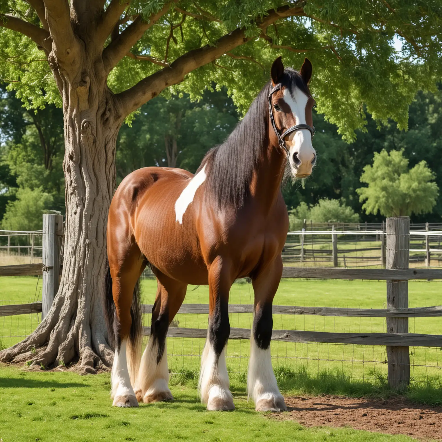 A Clydesdale draught horse standing in a field beside a fence, lovely big tree for shade is inside the fence