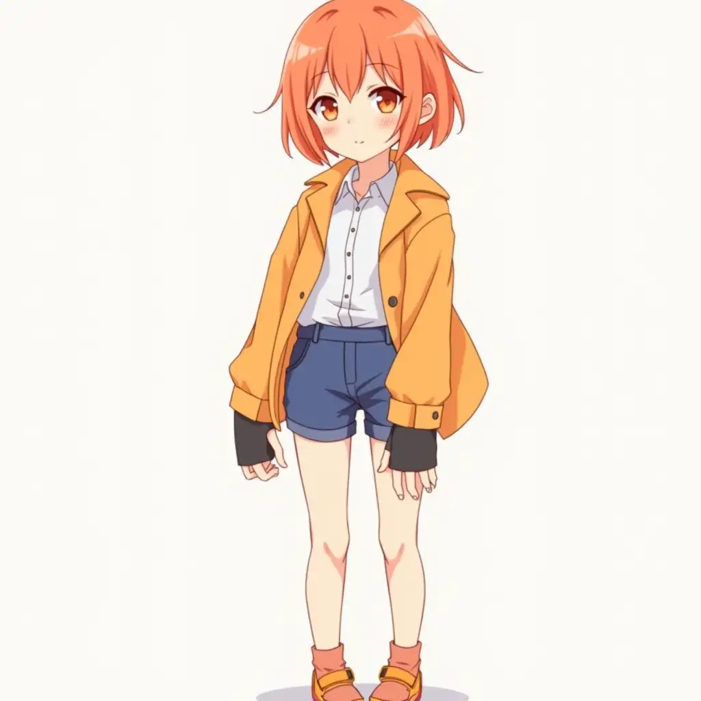 Create an image of an anime girl, who has short orange hair and orange eyes, wearing a blue short and a white buttoned-up shirt, with an orange coat collar, black gloves without fingers, orange shoes, and the girl is white.