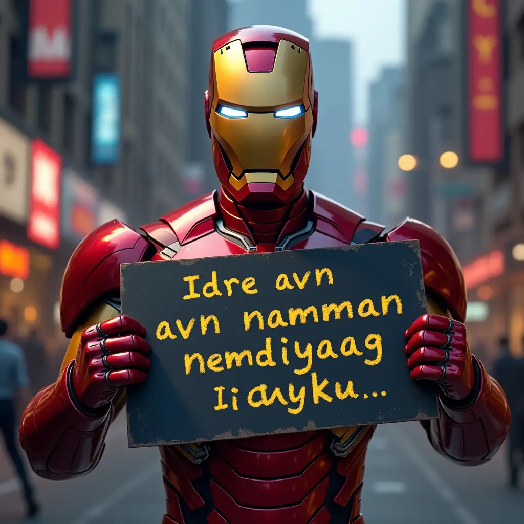 Marvel character iron man holding sign board written on that 'Idre avn namman nemdiyag irbeku'with smile on his face with cinematic background,4k