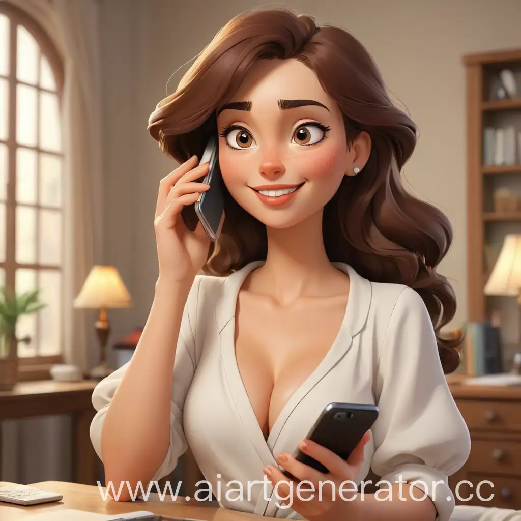 Cartoon-Woman-with-Deep-Neckline-Calling-on-Smartphone