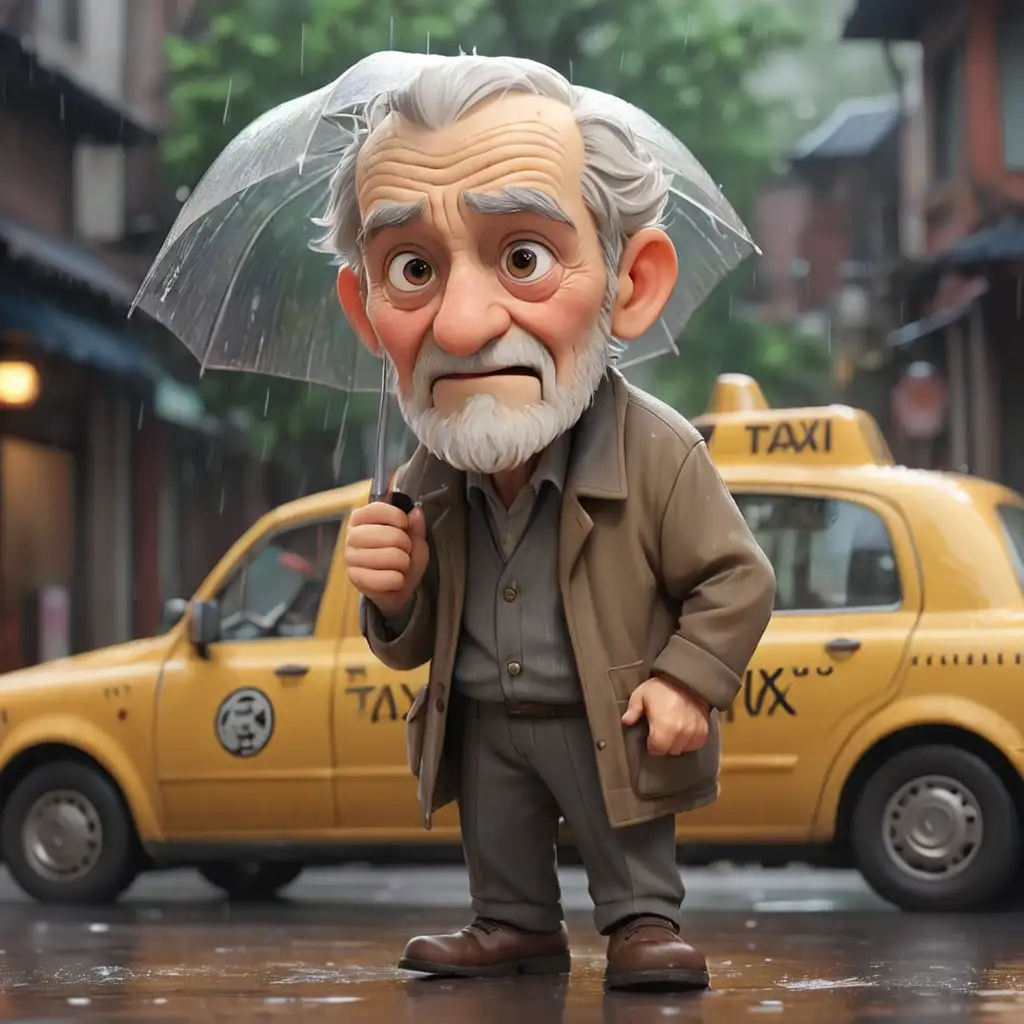 Cartoon-Old-Man-Preparing-to-Take-Taxi-on-Rainy-Day-in-Community