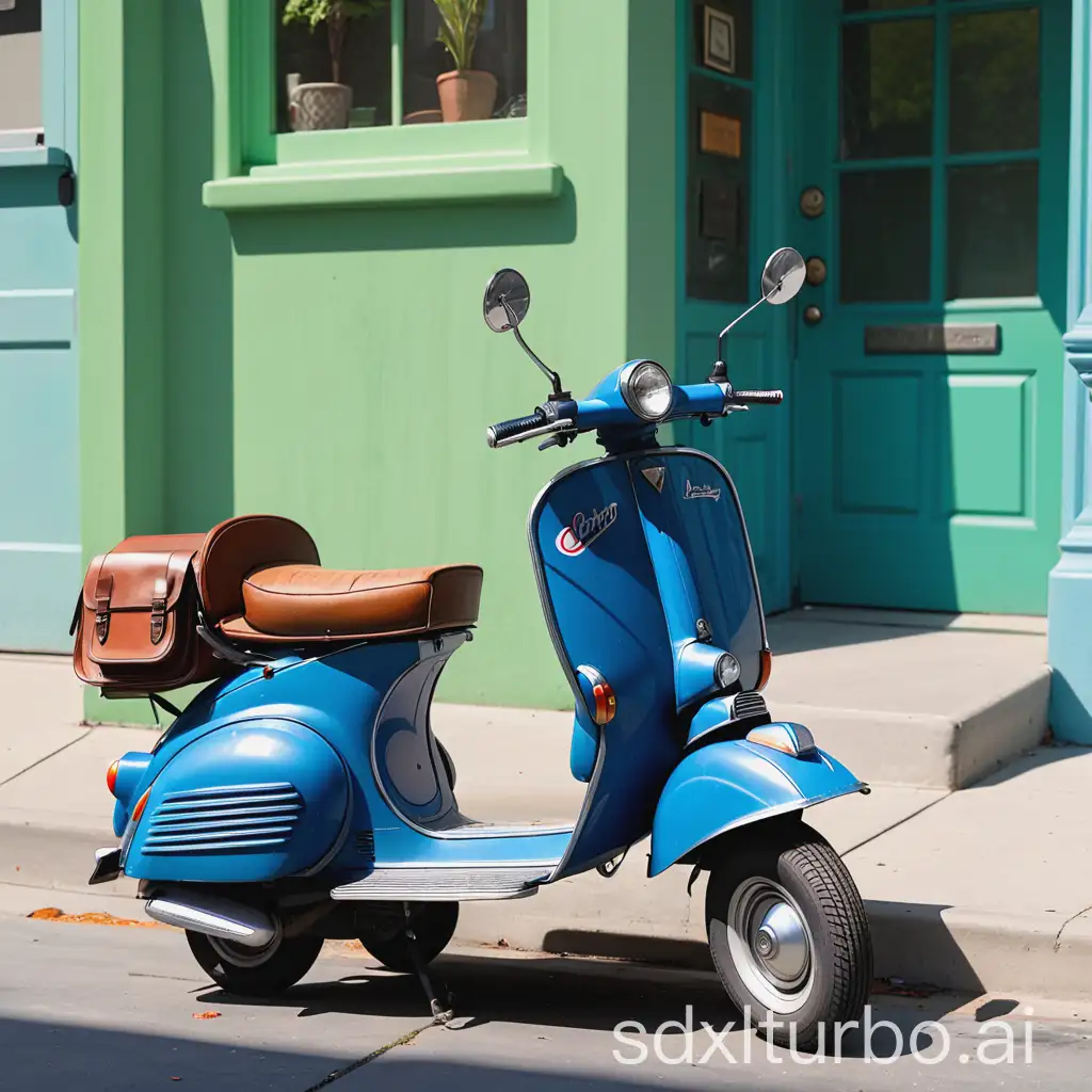 A blue scooter is parked near a curb in front of a green vintage car