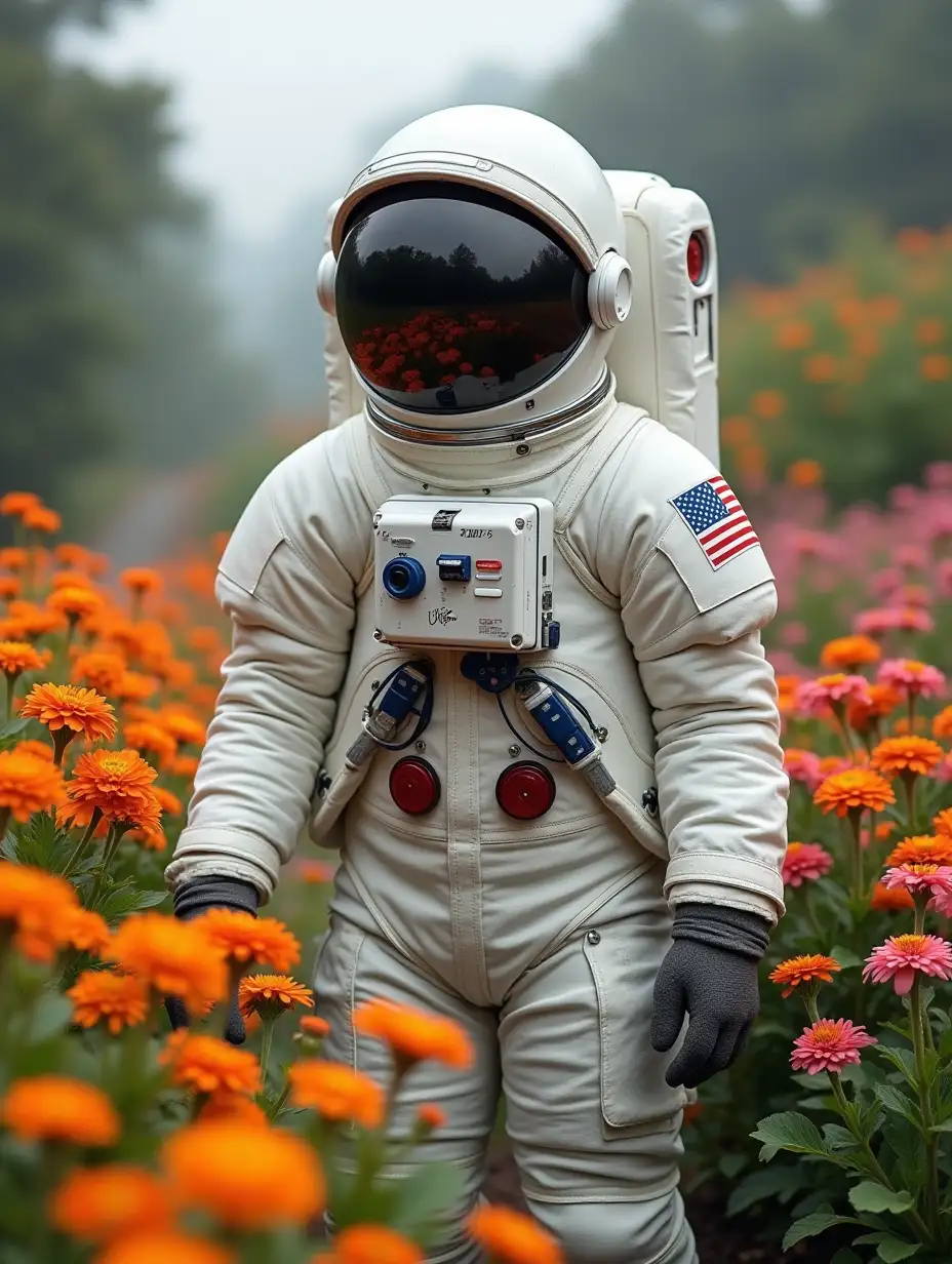 Astronaut in a flowery garden wearing a space suit written flower town