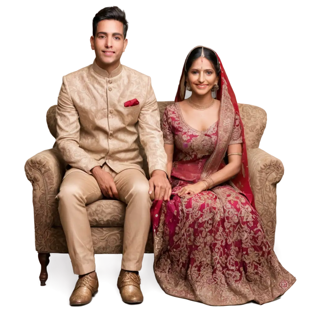 Indian-Wedding-Couple-Sitting-in-Sofa-PNG-Image-Elegant-and-Traditional