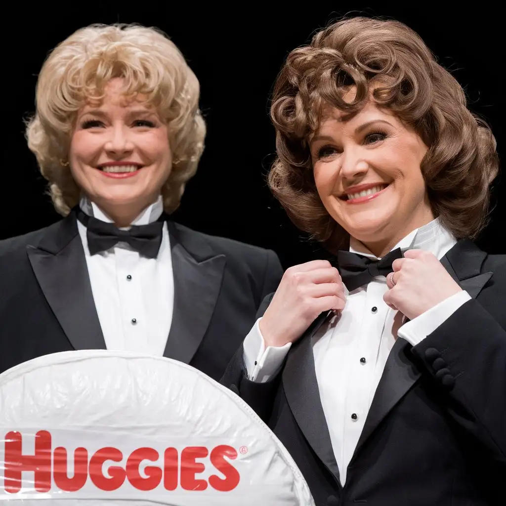 Two matching sweet beautiful middle-aged smiling busty fat obese body type with large wide hips Caucasian white female woman, with short dark blonde tight curly 1980s hair with curly bangs, wearing a very formal orchestra concert tuxedo with black long sleeve high cut cropped Eton jacket, white cropped tuxedo shirt, with tight very high standing Gladstone wingtip collar, and many thick vertical pleats front, black diamond point bow tie with black very thick wide adjustable neckband, black cummerbund, black tight high-cut spandex brief, nylons, one women facing the viewer while tugging on her bow tie, standing on a stage, presenting a large white with red lettering plastic rounded package of Huggies DIAPERS, front view.