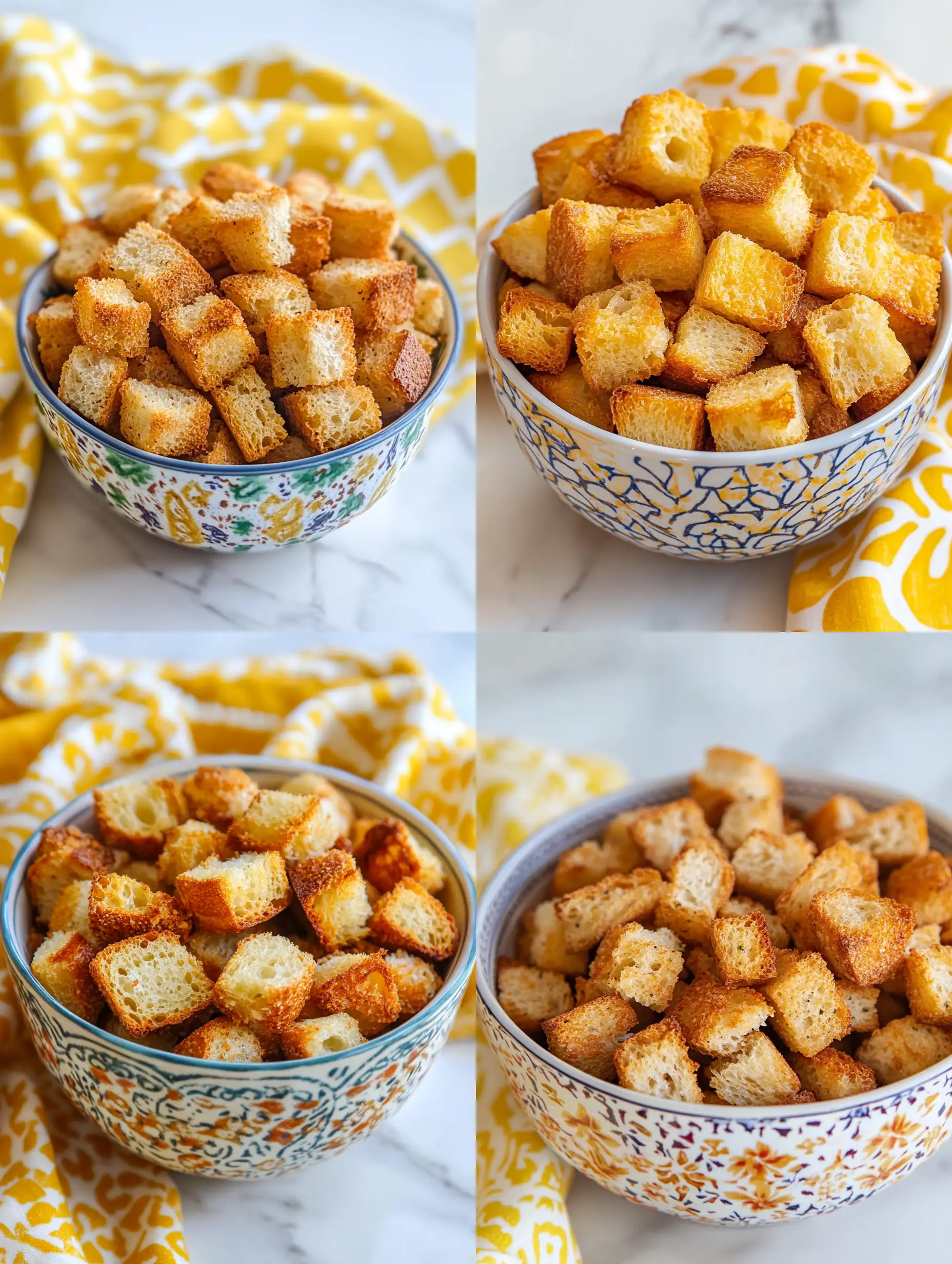 GoldenBrown-Croutons-on-Vibrant-Yellow-Patterned-Cloth