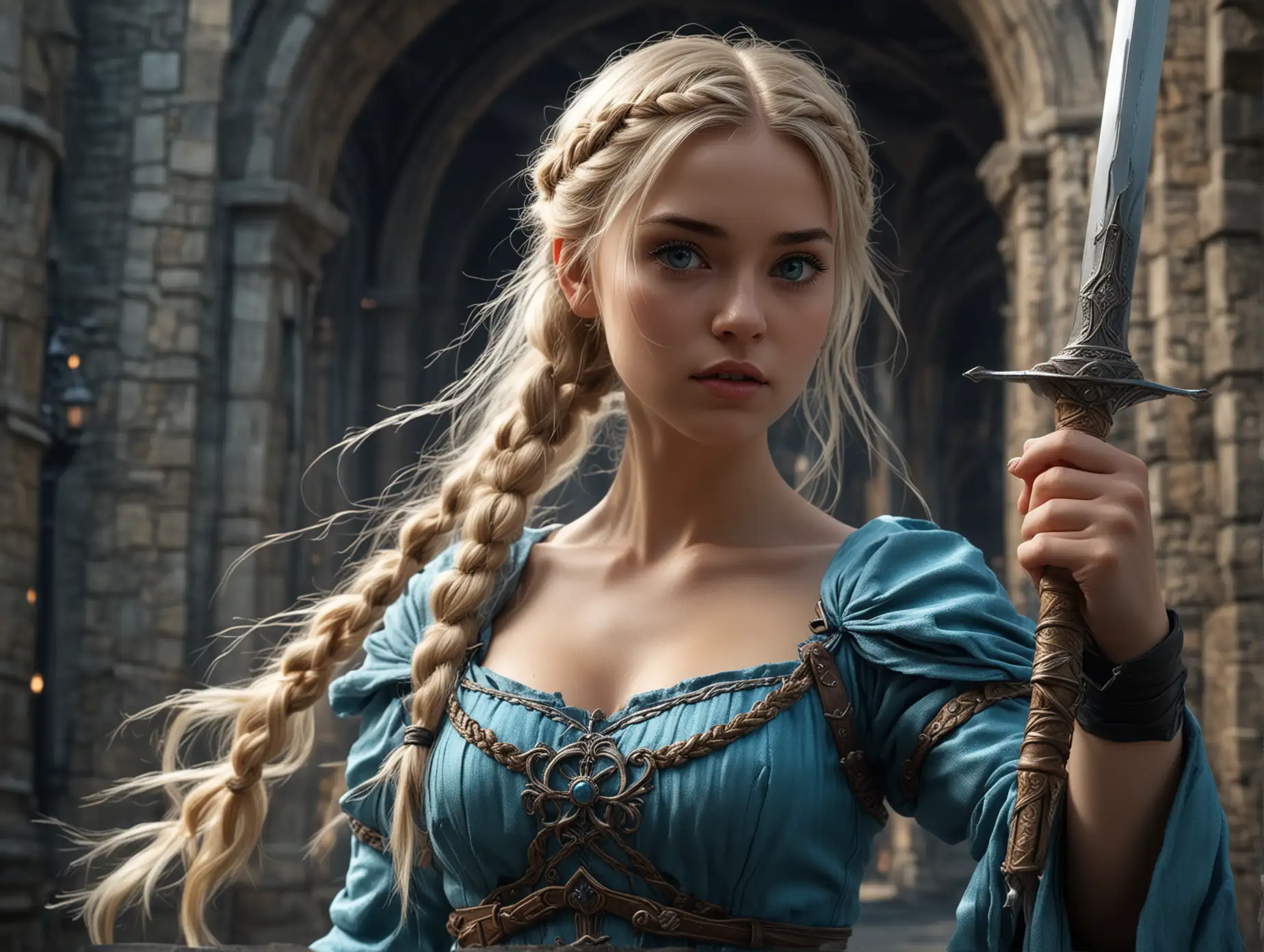 (Masterpiece, Professional lighting, 16k, 8k wallpaper, raw photo, photorealistic:1.8, dynamic angle shot, close up view, Semi-animated of a beauty young women wears fairy attire, blonde braided hair style and cyan eyes, holding a magical sword, she was standing in dynamic battle pose, gothic castle's gate background, dark fantasy theme, high resolution, masterpiece art