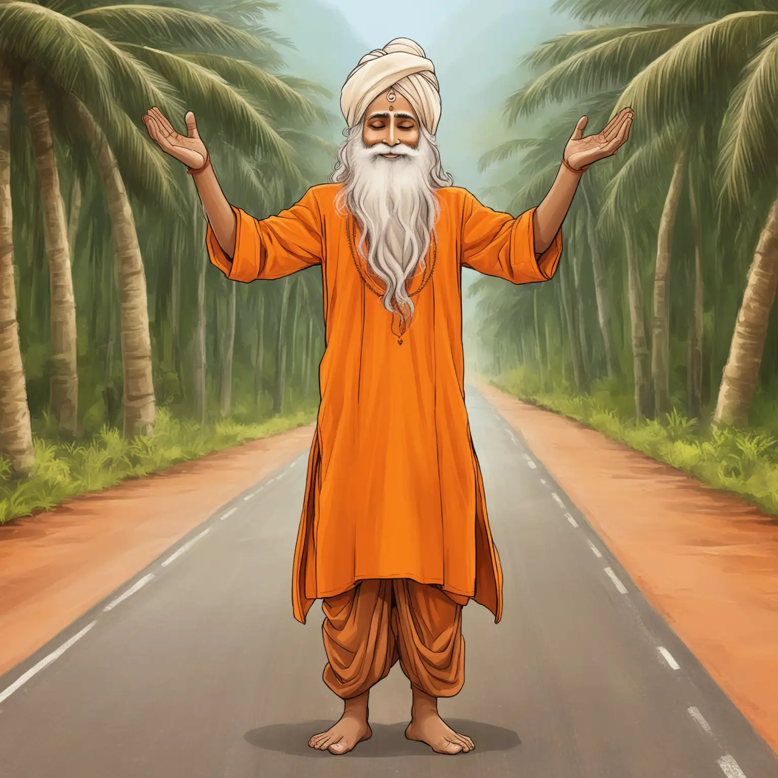 drawn yogi, Sadhguru, India, orange kurta, churishar, white turban,  smiling, standing on the road, palms folded in namaskar greeting