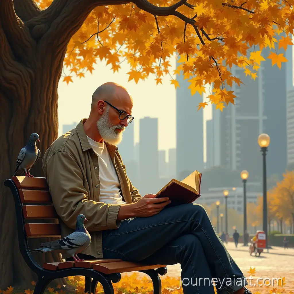 Bald-Man-Reading-Under-Oak-Tree-in-Autumn-Park