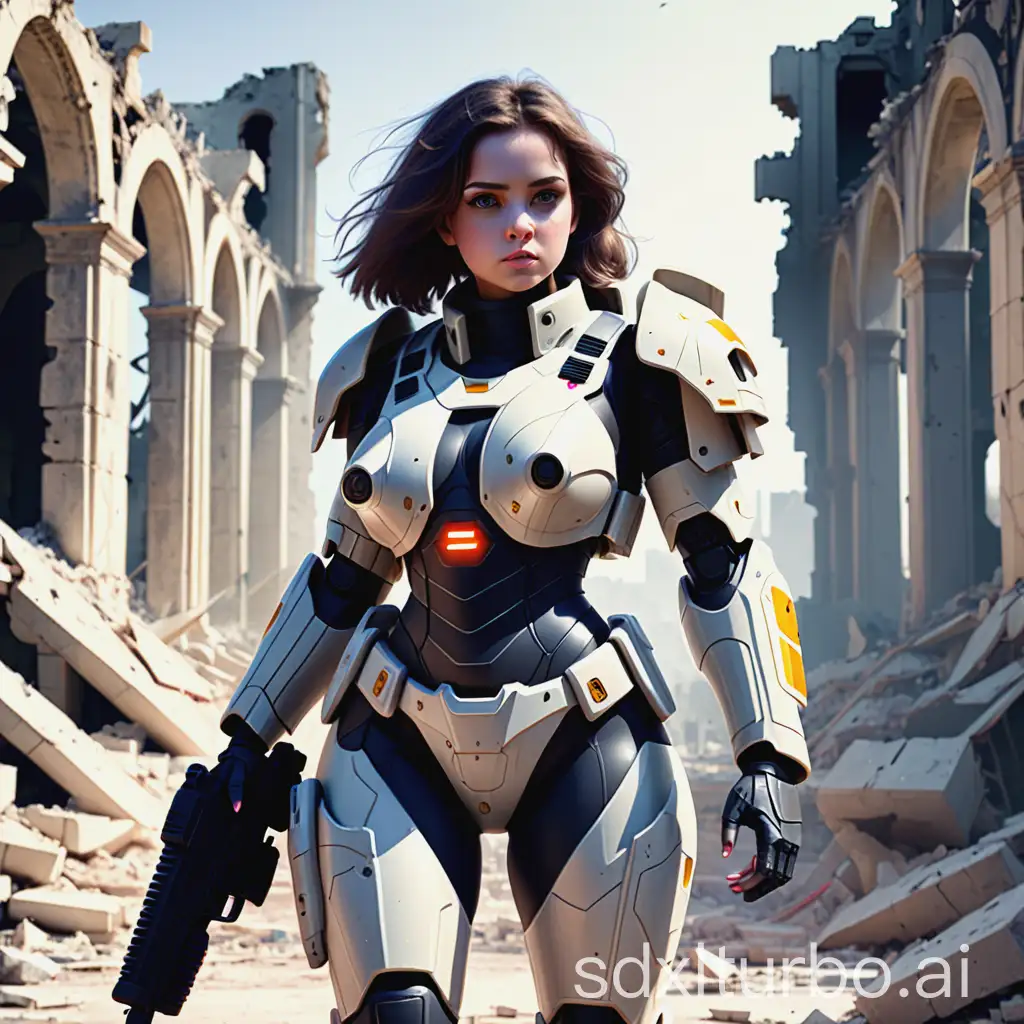 a slim, curvy beautiful girl, wearing future battle armor, holding a laser gun walking in the ruins after the war