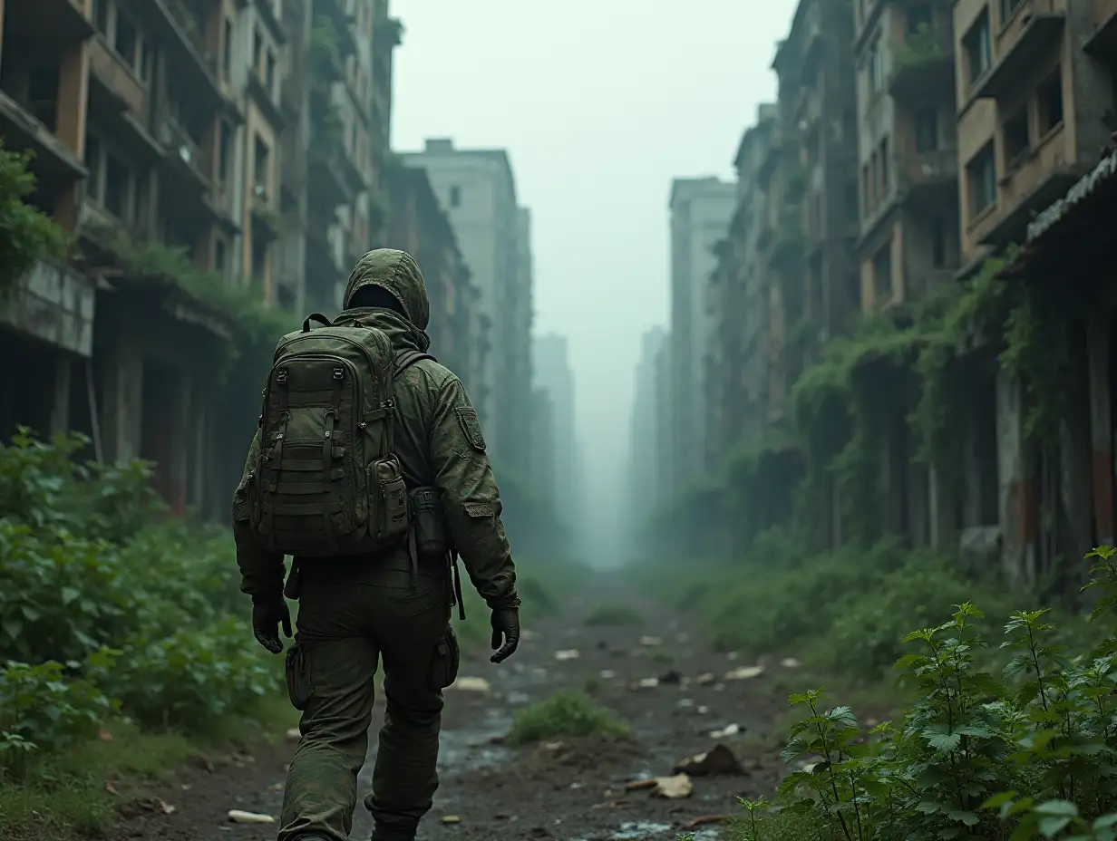 A survivor in a canvassed camouflage and backpack sneaks through the heavily damaged mysterious ruins of a city overgrown with greenery. Beautiful picture.