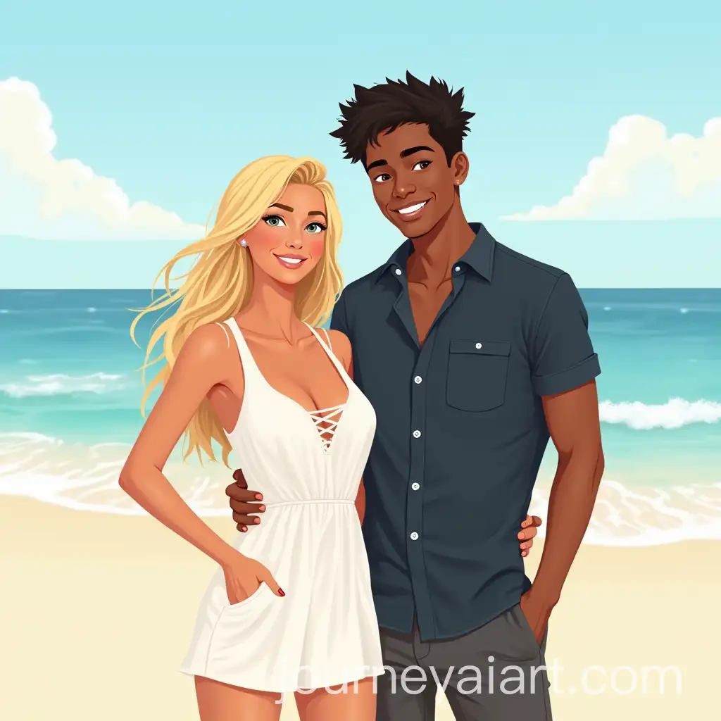 Young-Couple-at-the-Beach-with-Summer-Clothing-and-Scenic-Background