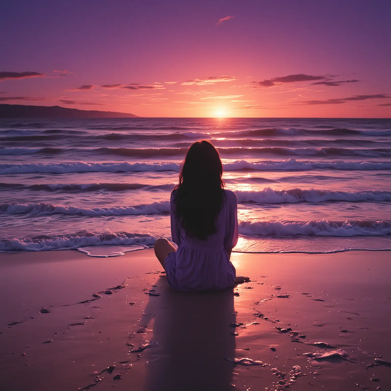 Woman with Long Dark Hair Sitting on Beach at Purple Sunset