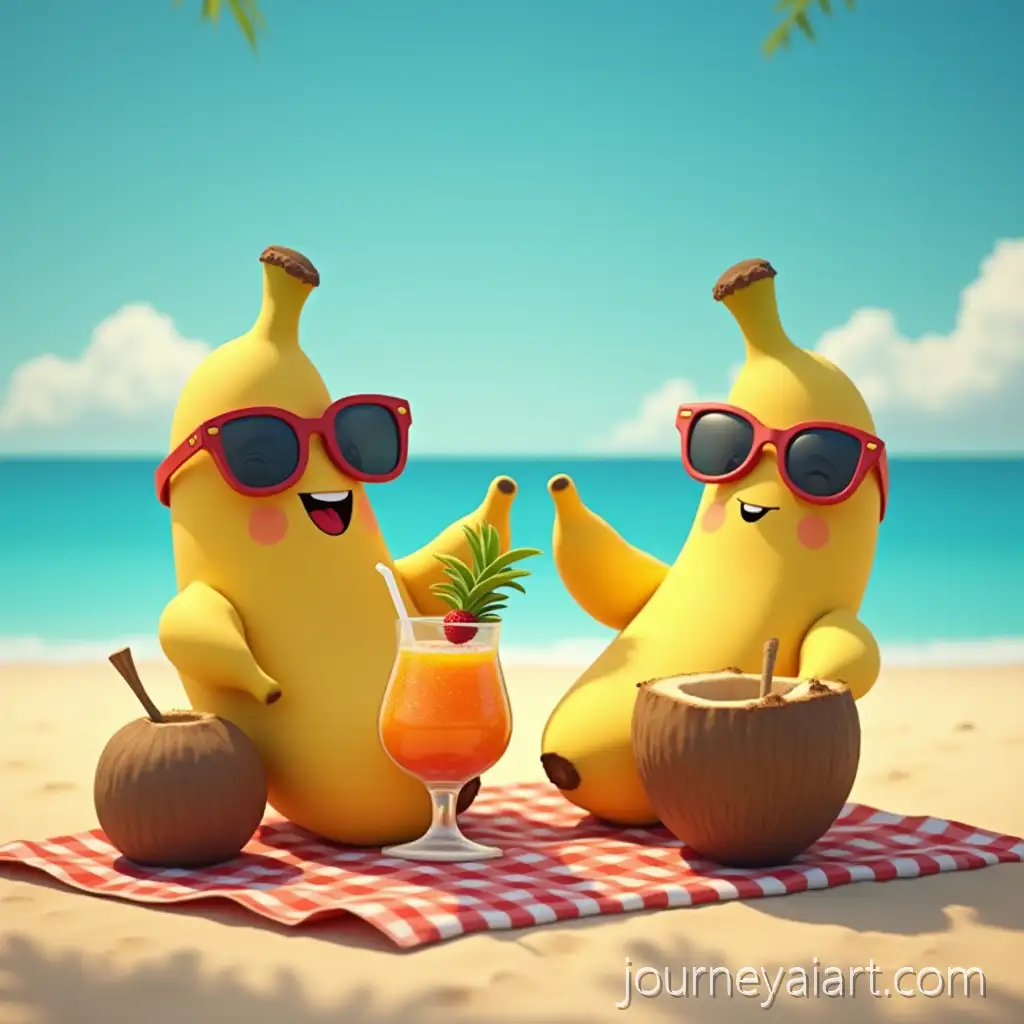 Banana-and-Coconut-Enjoying-Tropical-Juice-on-Beach-with-Sunglasses