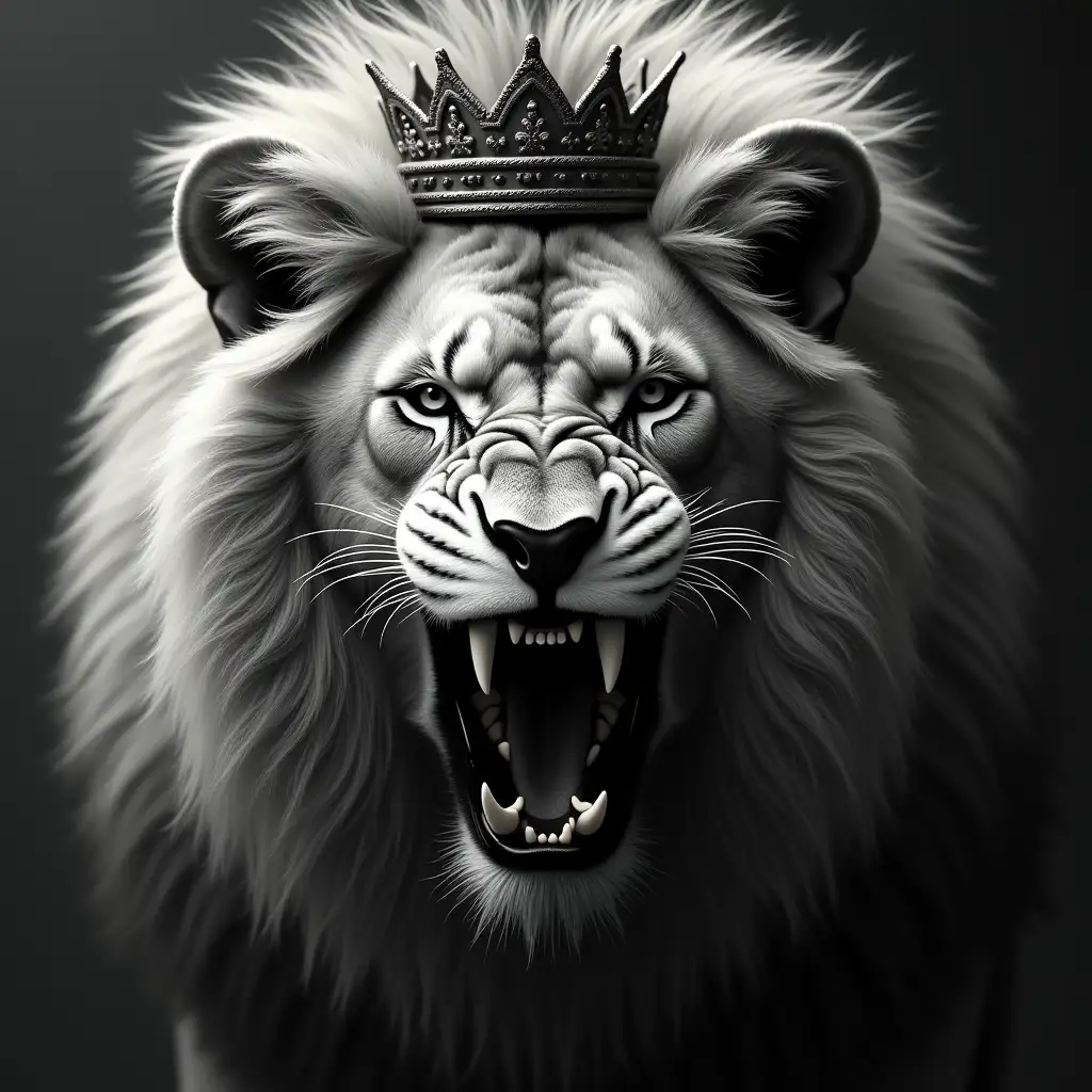 A lion face with big crown looks dangerous white and black colour