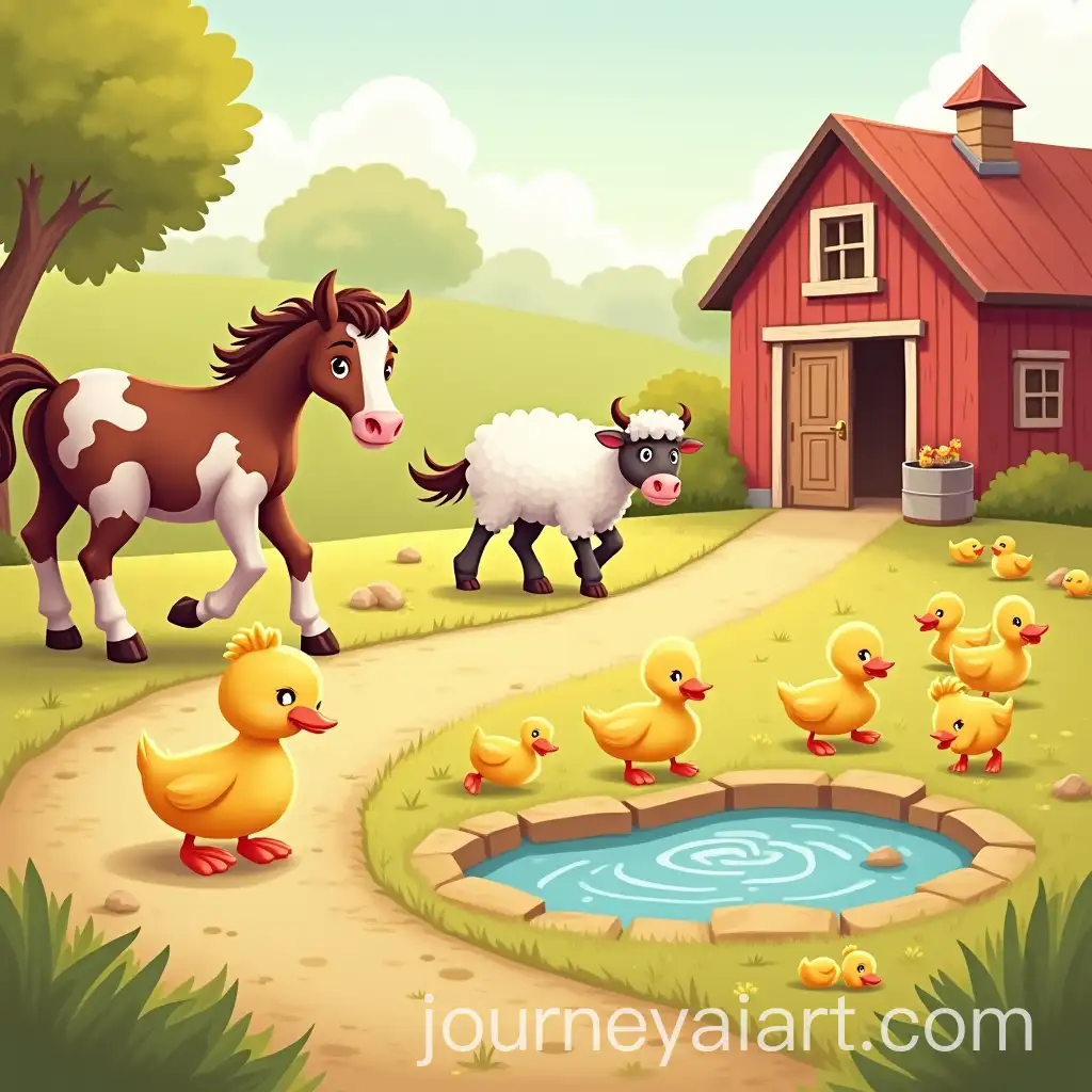 Cheerful-Farmyard-Scene-with-Ducklings-Sheep-Cow-and-More-Animals