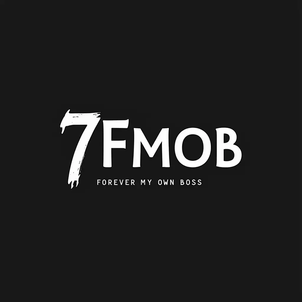 Minimalist, high-quality PNG logo design for a streetwear brand. Text: 7fmob, slogan: Forever my own boss. Fonts should be bold and modern, with a strong emphasis on the 7fmob logo. Visual style inspired by Off-White, with a clean and edgy aesthetic. Consider using a monochromatic color palette for a sophisticated look. Include a subtle background element or texture to add depth.