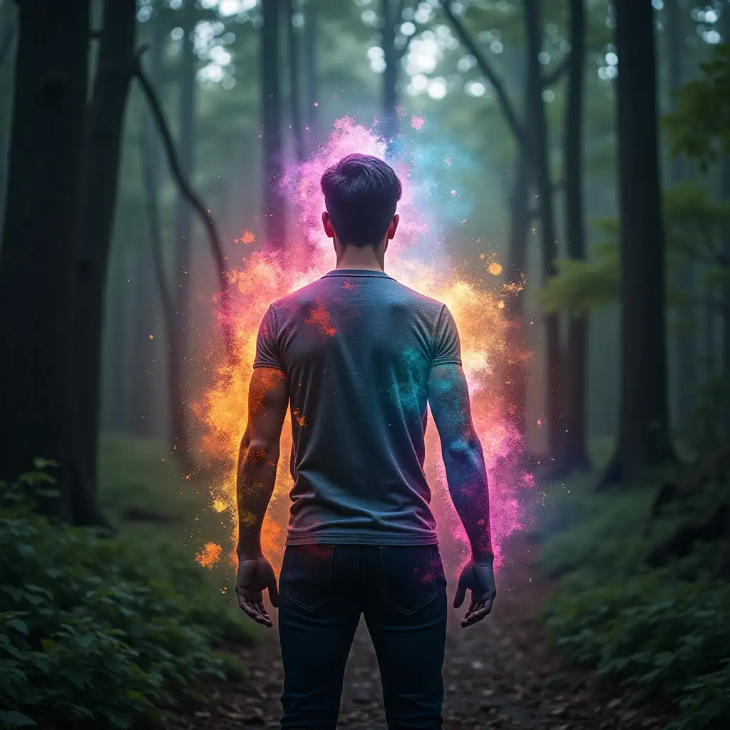 the aura of a man with a toroidal field around, with bright and vibrant colors, in a forest