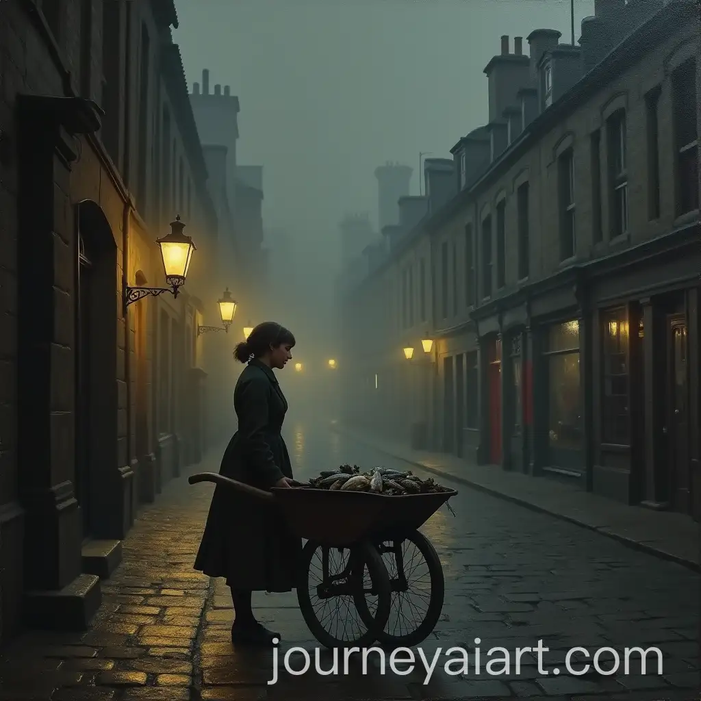 Historic-Dublin-Evening-19th-Century-Girl-Selling-Fish-and-Mussels-in-Foggy-Rain