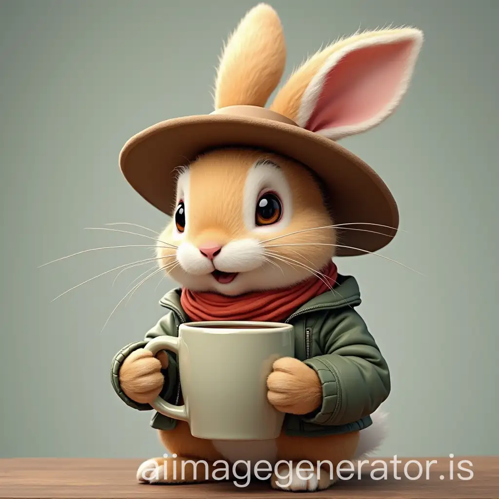 a rabbit in a hat holding a coffee mug