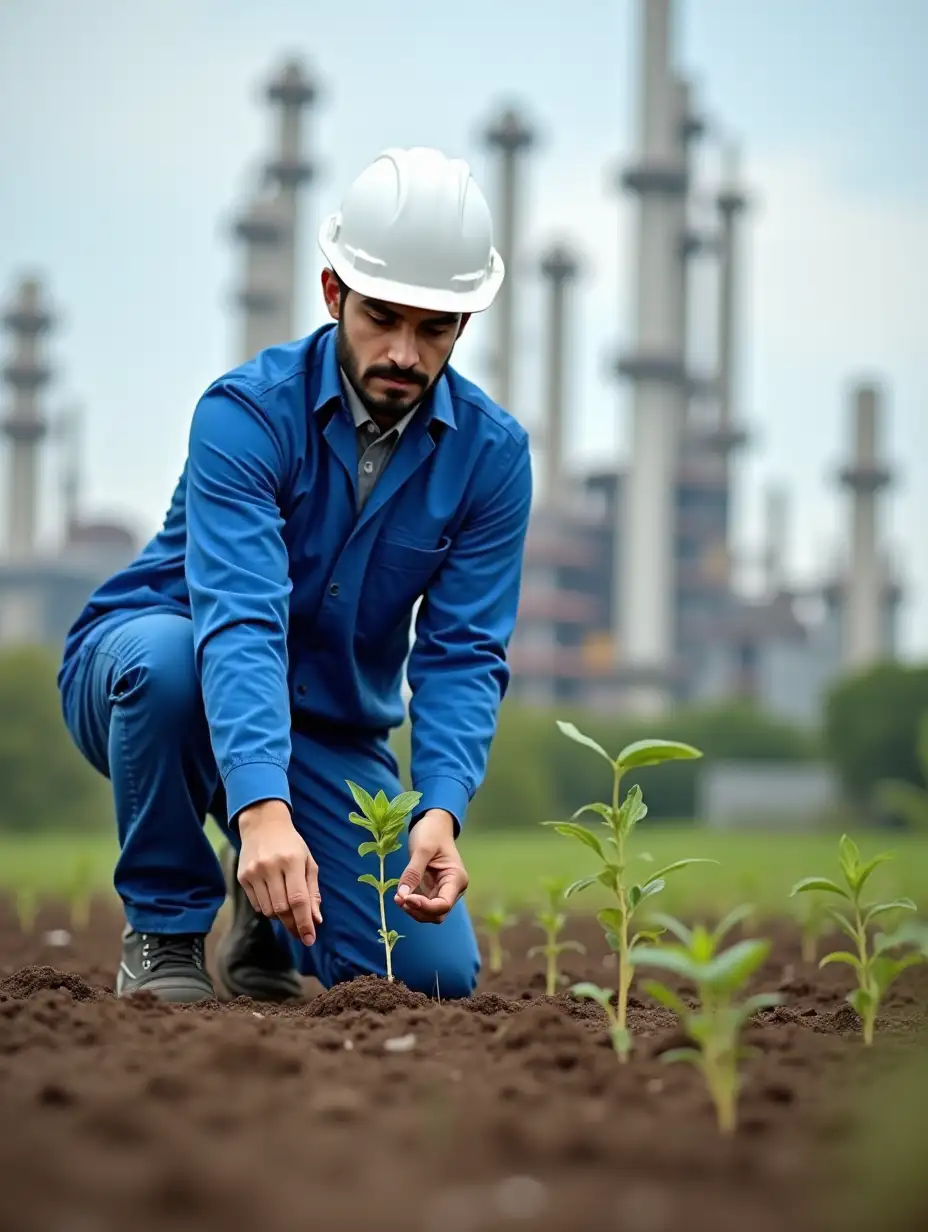 Young Iranian male petrochemical employee wearing blue suit and white hat planting tree seedlings in petrochemical plant and petrochemical background